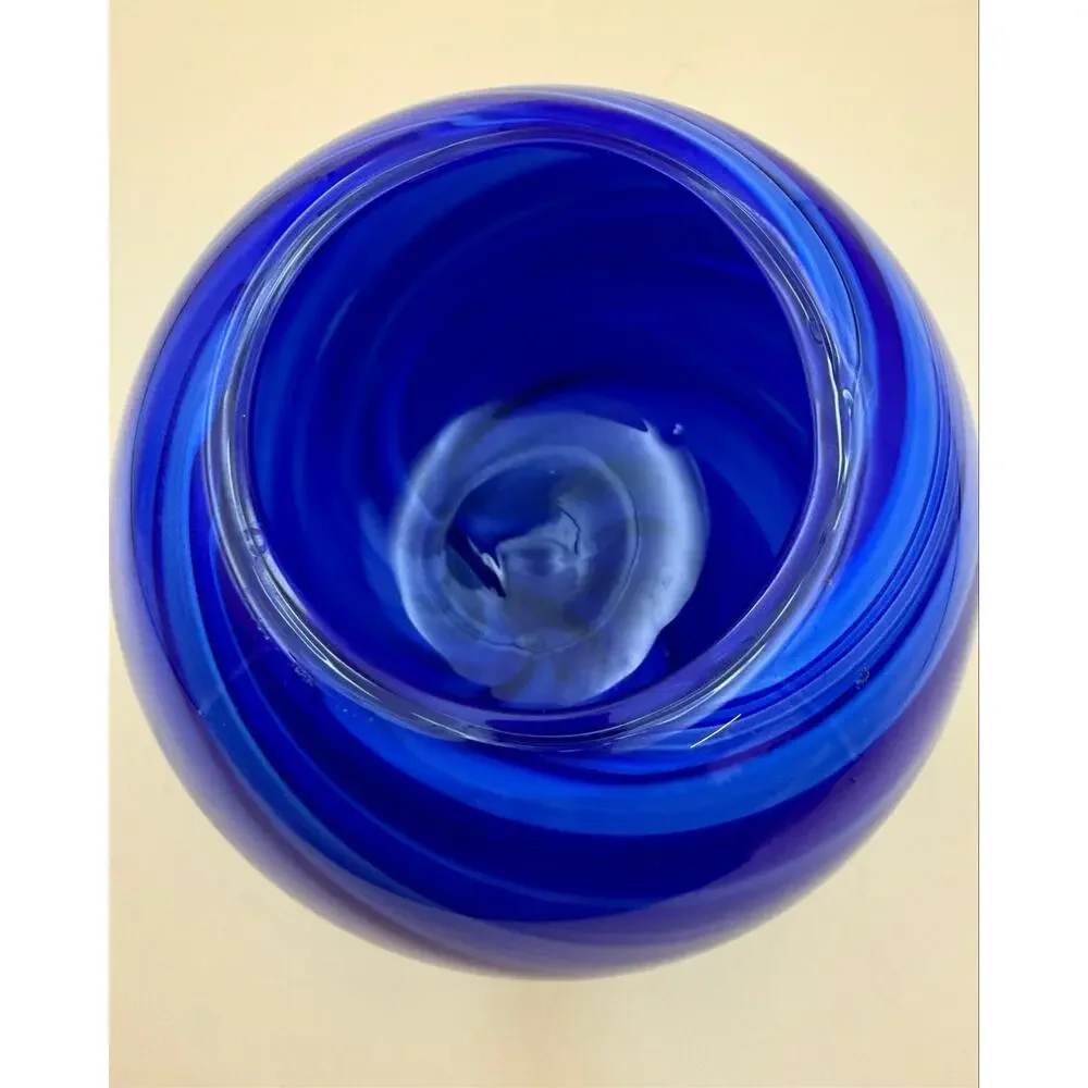 Hand Blown Cobalt Blue Swirl Art Glass Orb Vase Round Studio Glass 5.5”